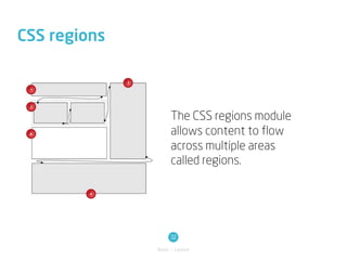 CSS regions



                   The CSS regions module
                   allows content to flow
                   across multiple areas
                   called regions.




                   32
              Basic / Layout
 