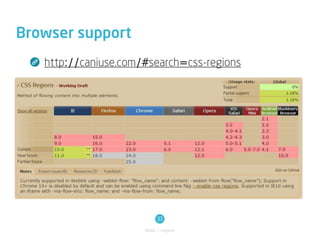 Browser support
   http://caniuse.com/#search=css-regions




                           33
                      Basic / Layout
 