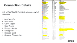 Connection Details
HKLMSOFTWARECitrixIcaSession[n]C
onnection
• AppName(s)
• App State
• Color Depth
• User Name
• Domain Name
• Encryption
• Session Guid
• Session Sharing Key
 