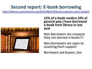 Second report: E-book borrowing
http://libraries.pewinternet.org/2012/06/22/libraries-patrons-and-e-books/

                                   12% of e-book readers (4% of
                                   general pop.) have borrowed
                                   e-book from library in last
                                   year
                                   Non-borrowers are unaware
                                   they can borrow e-books!!!
                                   Non-borrowers are open to
                                   coaching/tech support
                                   Borrowers are buyers, too
 