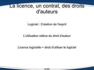 La licence, un contrat, des droits
            d'auteurs

           Logiciel : Création de l'esprit


       L'utilisation relève du droit d'auteur


   Licence logicielle = droit d'utiliser le logiciel




                         CC-BY
 