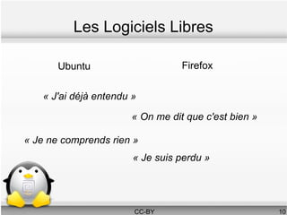 Les Logiciels Libres

       Ubuntu                    Firefox


   « J'ai déjà entendu »

                      « On me dit que c'est bien »

« Je ne comprends rien »
                       « Je suis perdu »




                       CC-BY                         10
 