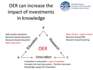 OER can increase the
  impact of investments
      in knowledge

High quality education                                        Open Access – open science
Research based education                                      Research based OER
Resource based education                                      Research based teaching
Open education

                                OER

                  Innovation in education – open innovation
                  Innovate the learning system – flip the classroom
                  Knowledge supply for innovation
 