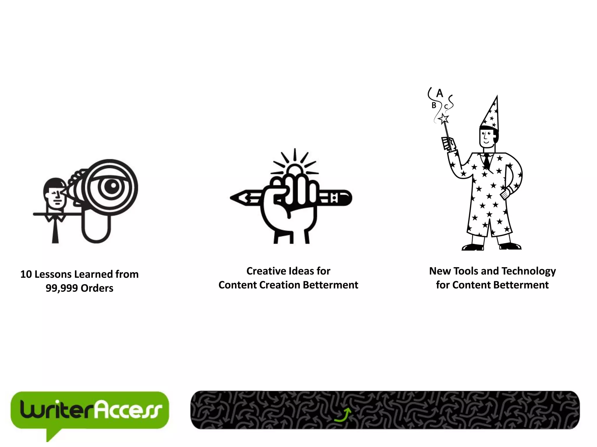 10 Lessons Learned from        Creative Ideas for       New Tools and Technology
     99,999 Orders        Content Creation Betterment    for Content Betterment
 