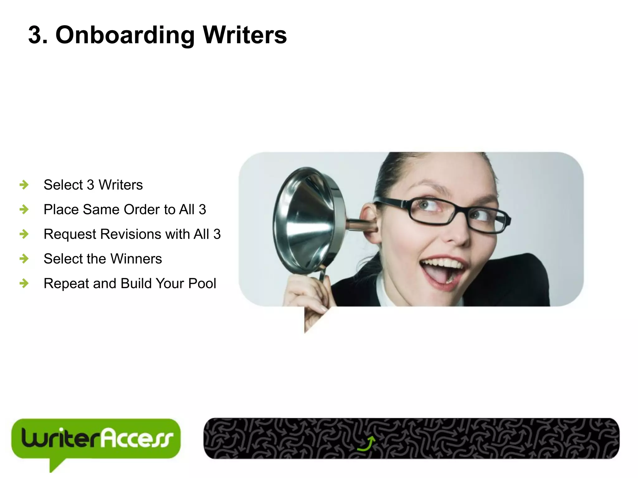 3. Onboarding Writers




 Select 3 Writers
 Place Same Order to All 3
 Request Revisions with All 3
 Select the Winners
 Repeat and Build Your Pool
 