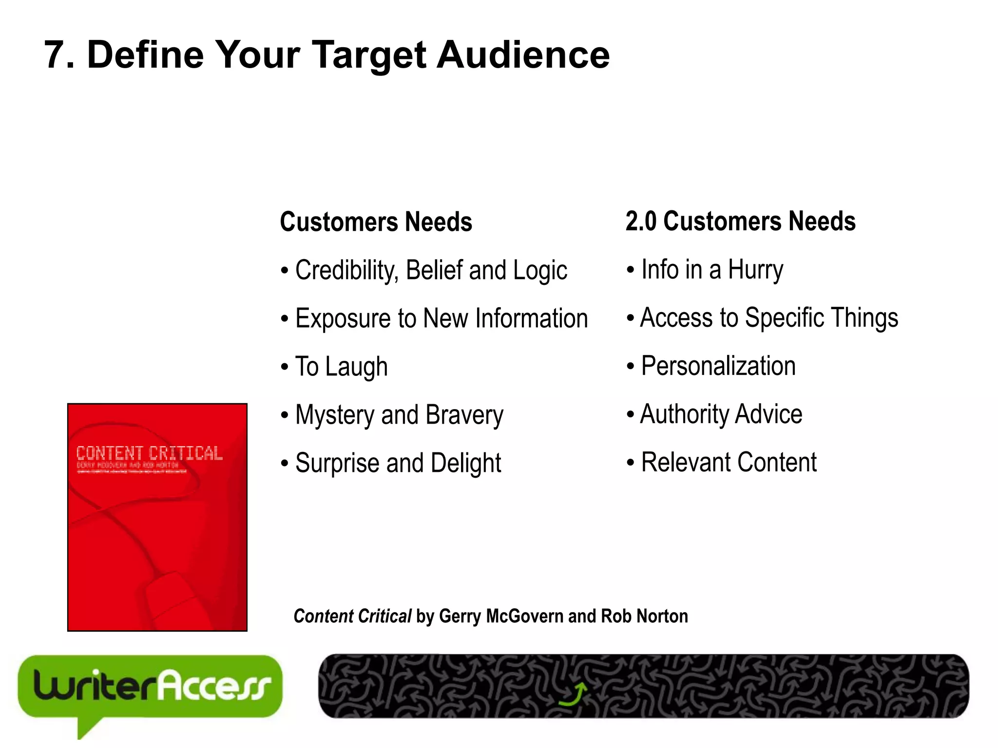 7. Define Your Target Audience



            Customers Needs                           2.0 Customers Needs
            • Credibility, Belief and Logic           • Info in a Hurry
            • Exposure to New Information             • Access to Specific Things
            • To Laugh                                • Personalization
            • Mystery and Bravery                     • Authority Advice
            • Surprise and Delight                    • Relevant Content




             Content Critical by Gerry McGovern and Rob Norton
 