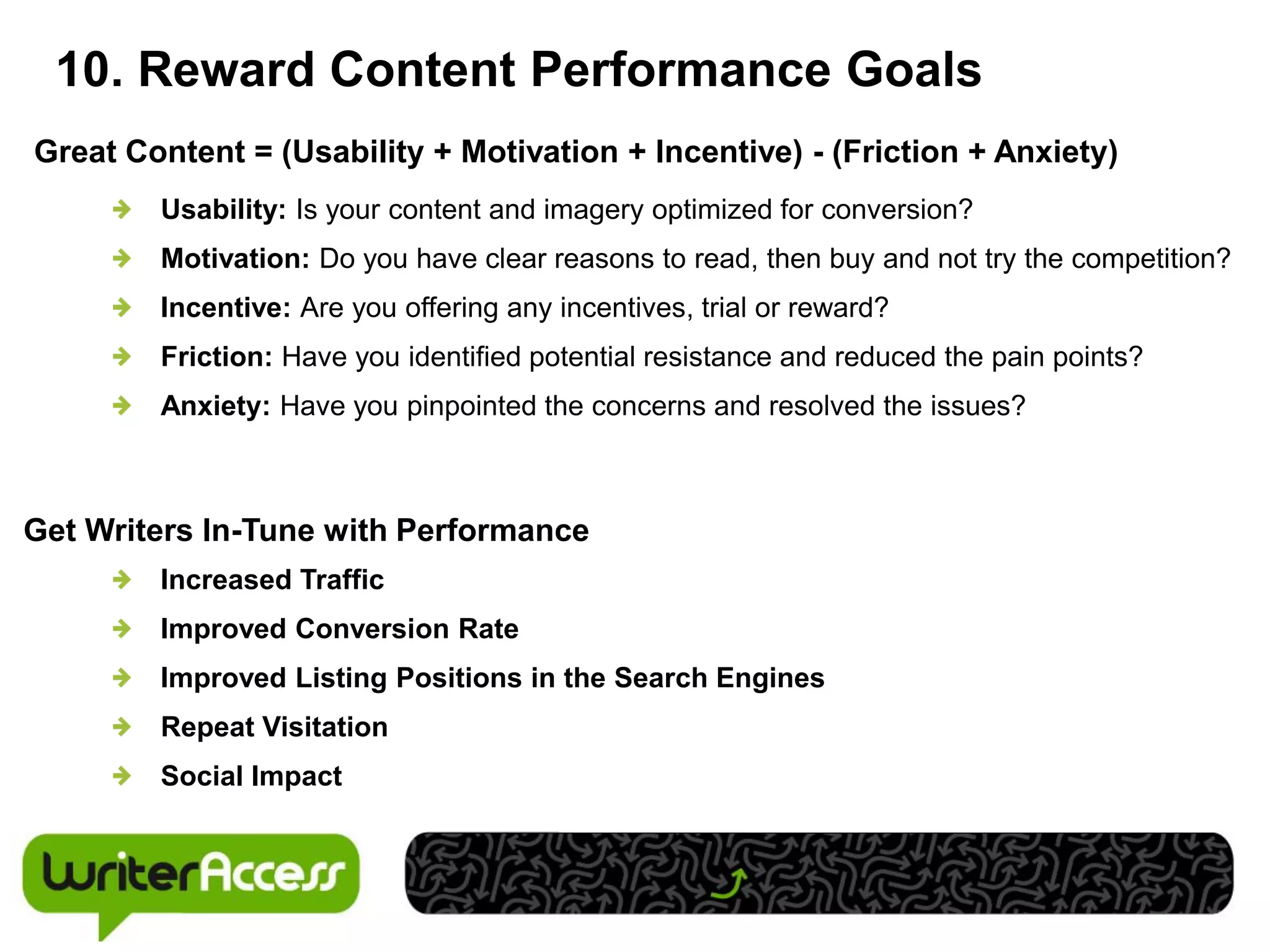 10. Reward Content Performance Goals
Great Content = (Usability + Motivation + Incentive) - (Friction + Anxiety)
        Usability: Is your content and imagery optimized for conversion?
        Motivation: Do you have clear reasons to read, then buy and not try the competition?
        Incentive: Are you offering any incentives, trial or reward?
        Friction: Have you identified potential resistance and reduced the pain points?
        Anxiety: Have you pinpointed the concerns and resolved the issues?



Get Writers In-Tune with Performance
        Increased Traffic
        Improved Conversion Rate
        Improved Listing Positions in the Search Engines
        Repeat Visitation
        Social Impact
 