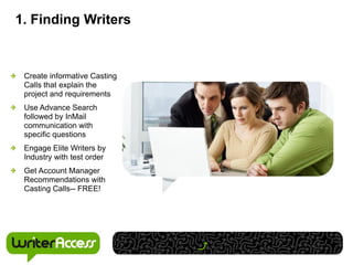 1. Finding Writers


 Create informative Casting
 Calls that explain the
 project and requirements
 Use Advance Search
 followed by InMail
 communication with
 specific questions
 Engage Elite Writers by
 Industry with test order
 Get Account Manager
 Recommendations with
 Casting Calls-- FREE!
 