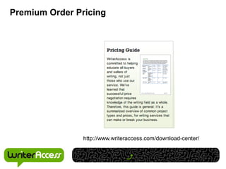 Premium Order Pricing




                http://www.writeraccess.com/download-center/
 