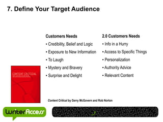 7. Define Your Target Audience



            Customers Needs                           2.0 Customers Needs
            • Credibility, Belief and Logic           • Info in a Hurry
            • Exposure to New Information             • Access to Specific Things
            • To Laugh                                • Personalization
            • Mystery and Bravery                     • Authority Advice
            • Surprise and Delight                    • Relevant Content




             Content Critical by Gerry McGovern and Rob Norton
 