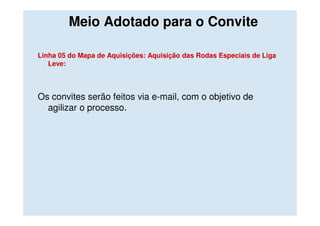 Meio Adotado para o Convite

Linha 05 do Mapa de Aquisições: Aquisição das Rodas Especiais de Liga
   Leve:



Os convites serão feitos via e-mail, com o objetivo de
  agilizar o processo.
 