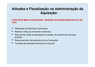 Atitudes e Fiscalização na Administração da
                  Aquisição:
Linha 05 do Mapa de Aquisições: Aquisição das Rodas Especiais de Liga
Leve:


•   Realização de Reuniões Quinzenais
•   Realizar visitas ao fornecedor semanais
•   Documentar todas as alterações no projeto, de acordo com as boas
    praticas.
•   Relacionamento de parceria junto ao fornecedor
•   Tomadas de decisões técnicas em conjunto
 
