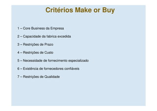 Critérios Make or Buy

1 – Core Business da Empresa

2 – Capacidade da fabrica excedida

3 – Restrições de Prazo

4 – Restrições de Custo

5 – Necessidade de fornecimento especializado

6 – Existência de fornecedores confiáveis

7 – Restrições de Qualidade
 