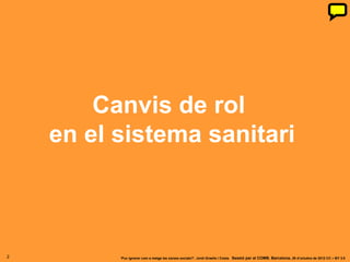 Canvis de rol
    en el sistema sanitari



2         ‘Puc ignorar com a metge les xarxes socials?’. Jordi Graells i Costa. Sessió per al COMB. Barcelona, 29 d’octubre de 2012 CC – BY 3.0
 