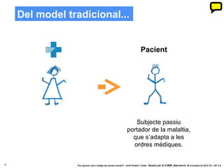 Del model tradicional...


                                                                          Pacient




                                                                 Subjecte passiu
                                                              portador de la malaltia,
                                                                que s’adapta a les
                                                                ordres mèdiques.


3               ‘Puc ignorar com a metge les xarxes socials?’. Jordi Graells i Costa. Sessió per al COMB. Barcelona, 29 d’octubre de 2012 CC – BY 3.0
 