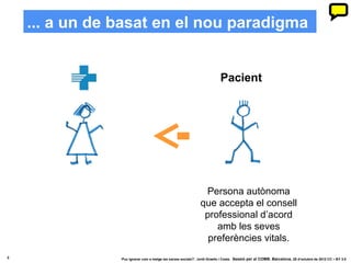 ... a un de basat en el nou paradigma


                                                                          Pacient




                                                               Persona autònoma
                                                              que accepta el consell
                                                               professional d’acord
                                                                  amb les seves
                                                                preferències vitals.
4               ‘Puc ignorar com a metge les xarxes socials?’. Jordi Graells i Costa. Sessió per al COMB. Barcelona, 29 d’octubre de 2012 CC – BY 3.0
 