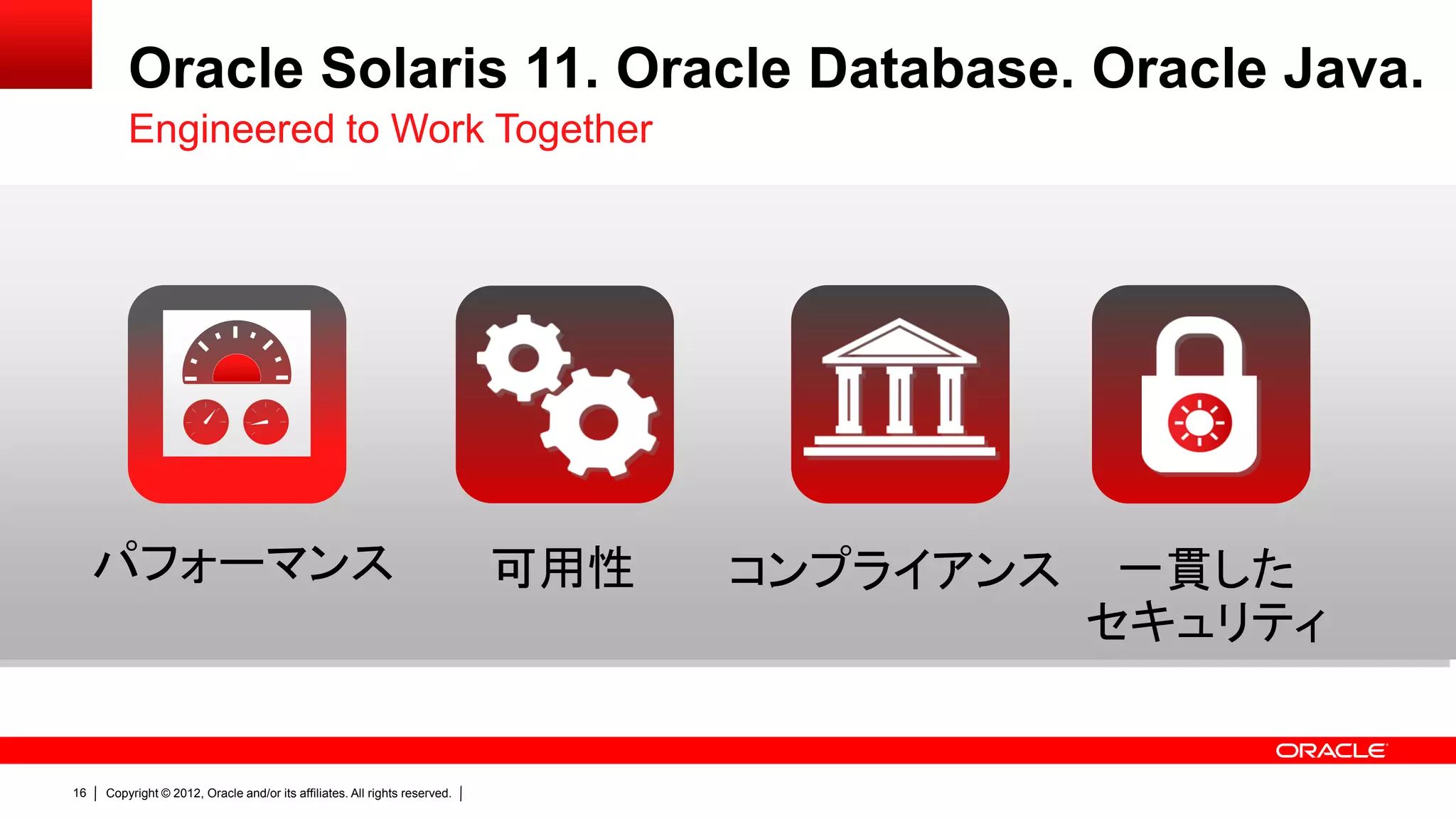 Oracle Solaris 11. Oracle Database. Oracle Java.
         Engineered to Work Together




     パフォーマンス                                                                可用性   コンプライアンス    一貫した
                                                                                             セキュリティ


16   Copyright © 2012, Oracle and/or its affiliates. All rights reserved.
 