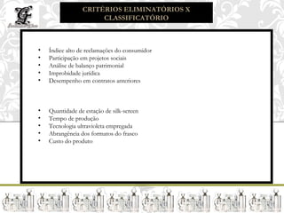 CRITÉRIOS ELIMINATÓRIOS X
                            CLASSIFICATÓRIO

Lista de critérios eliminatórios:
 
      • Índice alto de reclamações do consumidor
      • Participação em projetos sociais
      • Análise de balanço patrimonial
      • Improbidade jurídica
      • Desempenho em contratos anteriores
 
Lista dos critérios classificatórios
 
      • Quantidade de estação de silk-screen
      • Tempo de produção
      • Tecnologia ultravioleta empregada
      • Abrangência dos formatos do frasco
      • Custo do produto
 
 
Observações da DT: Deixar transparentes os critérios de avaliação aos convidados?
 Apenas os critérios eliminatórios, para que os concorrentes mostrem sua tecnologia.
 