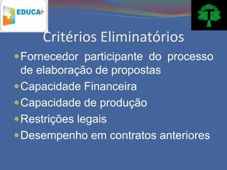 Critérios Eliminatórios
 Fornecedor participante do processo
  de elaboração de propostas
 Capacidade Financeira
 Capacidade de produção
 Restrições legais
 Desempenho em contratos anteriores
 