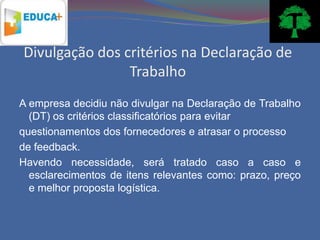 Divulgação dos critérios na Declaração de
                Trabalho
A empresa decidiu não divulgar na Declaração de Trabalho
  (DT) os critérios classificatórios para evitar
questionamentos dos fornecedores e atrasar o processo
de feedback.
Havendo necessidade, será tratado caso a caso e
  esclarecimentos de itens relevantes como: prazo, preço
  e melhor proposta logística.
 