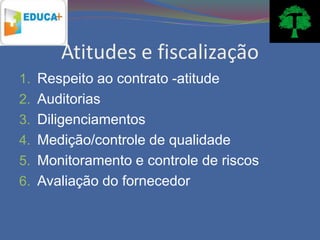 Atitudes e fiscalização
1. Respeito ao contrato -atitude
2. Auditorias
3. Diligenciamentos
4. Medição/controle de qualidade
5. Monitoramento e controle de riscos
6. Avaliação do fornecedor
 