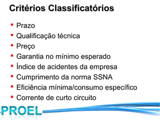 Critérios Classificatórios
   Prazo
   Qualificação técnica
   Preço
   Garantia no mínimo esperado
   Índice de acidentes da empresa
   Cumprimento da norma SSNA
   Eficiência mínima/consumo específico
   Corrente de curto circuito
 