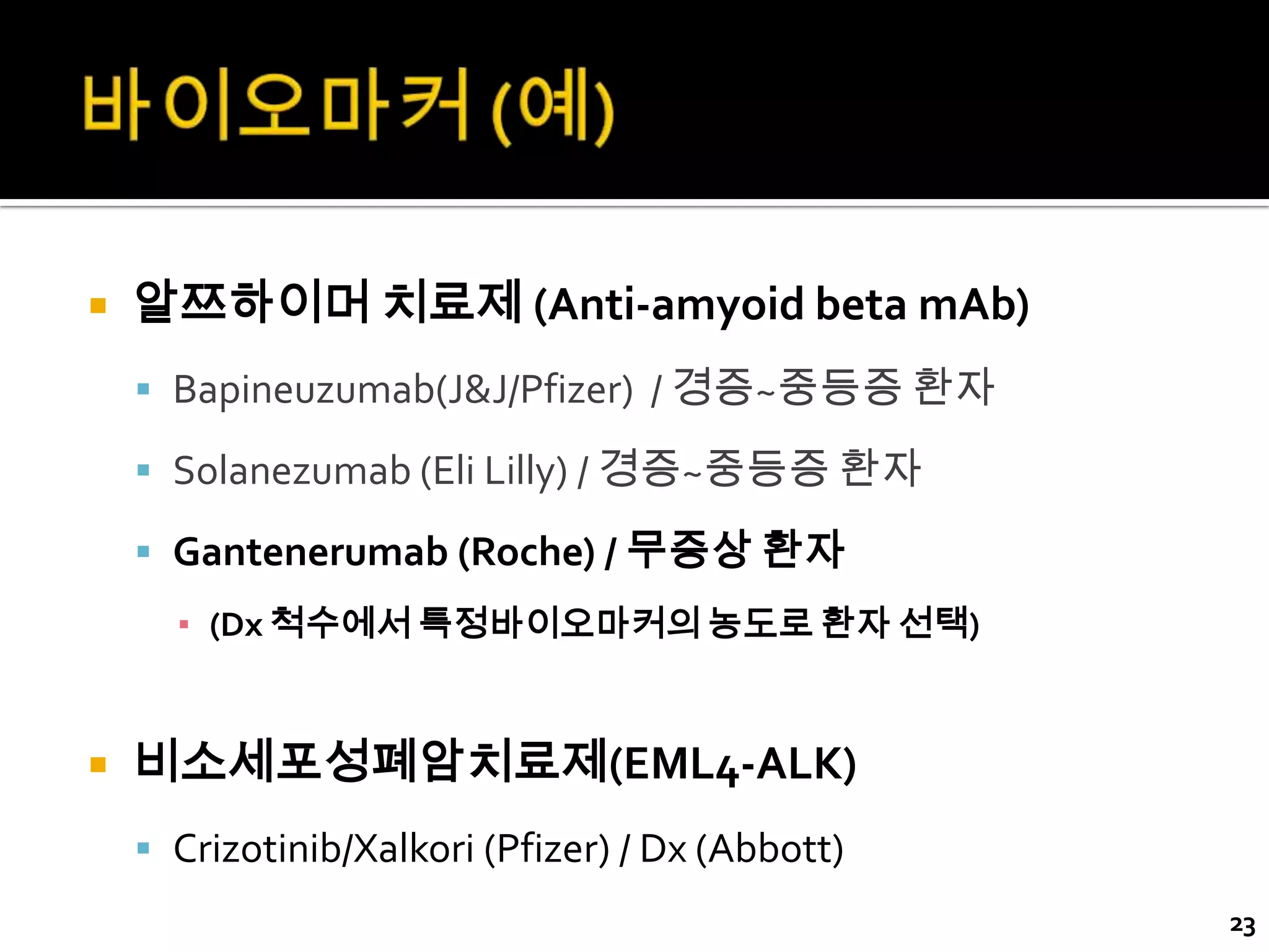    알쯔하이머 치료제 (Anti-amyoid beta mAb)
     Bapineuzumab(J&J/Pfizer) / 경증~중등증 환자

     Solanezumab (Eli Lilly) / 경증~중등증 환자

     Gantenerumab (Roche) / 무증상 환자
      ▪ (Dx 척수에서 특정바이오마커의 농도로 환자 선택)



   비소세포성폐암치료제(EML4-ALK)
     Crizotinib/Xalkori (Pfizer) / Dx (Abbott)
                                                  23
 
