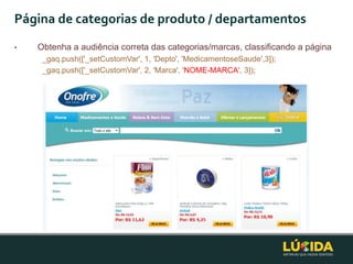 Página de categorias de produto / departamentos
•   Obtenha a audiência correta das categorias/marcas, classificando a página
     _gaq.push(['_setCustomVar', 1, 'Depto', 'MedicamentoseSaude',3]);
     _gaq.push(['_setCustomVar', 2, 'Marca', 'NOME-MARCA', 3]);
 