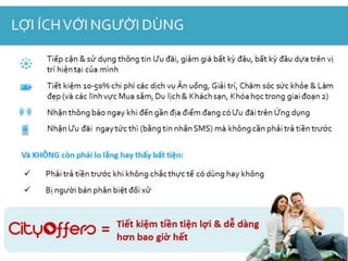 LỢI ÍCH VỚI NGƯỜI DÙNG

       Tiếp cận & sử dụng thông tin Ưu đãi, giảm giá bất kỳ đâu, bất kỳ đâu dựa trên vị
       trí hiện tại của mình
       Tiết kiệm 10-50% chi phí các dịch vụ Ăn uống, Giải trí, Chăm sóc sức khỏe & Làm
       đẹp (và các lĩnh vực Mua sắm, Du lịch & Khách sạn, Khóa học trong giai đoạn 2)
       Nhận thông báo ngay khi đến gần địa điểm đang có Ưu đãi trên Ứng dụng
       Nhận Ưu đãi ngay tức thì (bằng tin nhắn SMS) mà không cần phải trả tiền trước


 Và KHÔNG còn phải lo lắng hay thấy bất tiện:

      Phải trả tiền trước khi không chắc thực tế có dùng hay không
      Bị người bán phân biệt đối xử


                          Tiết kiệm tiền tiện lợi & dễ dàng
                      =   hơn bao giờ hết
 