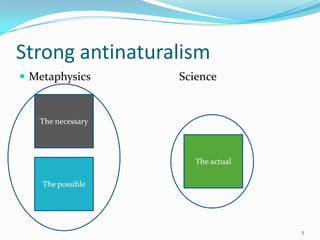 Strong antinaturalism
 Metaphysics      Science


   The necessary




                      The actual

    The possible...