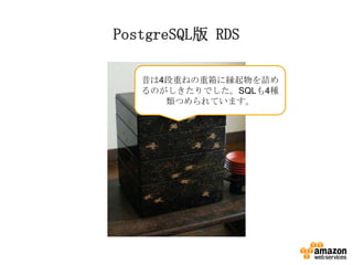 PostgreSQL版 RDS
昔は4段重ねの重箱に縁起物を詰め
るのがしきたりでした。SQLも4種
類つめられています。

 