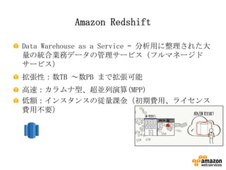 Amazon Redshift
Data Warehouse as a Service – 分析用に整理された大
量の統合業務データの管理サービス（フルマネージド
サービス）
拡張性：数TB ～数PB まで拡張可能
高速：カラムナ型、超並列演算(MPP)
低額：インスタンスの従量課金（初期費用、ライセンス
費用不要）

 
