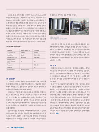 78
표1은 본 논문의 프레임 그래버와 Matrox의 Meteor II의
사양을 비교한 것이다. 데이터의 수집 속도는 Matrox의 경우
50MHz이고 본 프레임 그래버는 최대 65MHz이나 사용된 라인
스캔 카메라의 경우 30MHz의 전송 속도를 가지고 있다. 듀얼 버
퍼의 용량은 많은 차이를 보이고 있다. 메모리의 용량을 늘이기
위해서는 보다 많은 IO를 가지는 고속의 FPGA를 사용해야 한
다. 채널링크 개수의 차이도 마찬가지로 늘릴 수 있다. 또한 호스
트와의 접속에 있어서 본 그래버의 경우 RAMDAC을 포함하는
임베디드 형이므로 호스트와의 접속은 고려하지 않았다. 향후 카
메라링크 출력의 추가로 이를 해결하고자 한다. 따라서 본 그래
버의 경우 Matrox에 비교할 만한 성능을 보인다고 할 수 있다.
표1 타 제품과의 사양 비교
Features Matrox Meteor-Ⅱ Proposed
Acquisition rate 50MHz 65MHz
Dual Buffer 32MB 256Kx16bits
Chnnel Link(LVDS) two 28bits one 28bits
Camera control
UART, External
Triger
ok ok
Resolution - 640x480
RAMDAC - ok
Host interface PCI 32bit/33MHz
VI. 실험 결과
그림10은 FPGA의 올바른 동작을 확인하기 위해 카메라 내
부의 테스트 패턴을 모니터 화면으로 확인하는 영상이다. 패턴은
카메라 제어용 serial 명령을 통해 설정하며 8bits의 선형적으로
증가하면서 반복되는 gray scale 패턴이다.
그림11은 구현된 카메라링크 표준을 지원하는 임베디드
FPGA 테스트베드를 보여준다. 피사체는 그림11의 좌측 하단
의 1.5x1.5cm 대학 로고 인쇄물로써 테스트베드 상단의 12x20cm
의 실린더 위에 실린더 길이 방향과 수직으로 부착되어 있다. 테
스트베드 상단에 라인스캔 카메라의 1 라인이 실린더의 길이 방
향으로 수직방향으로 위치해 있다. 카메라의 조명은 LED 조명을
설계 사용했다.
실린더의 회전은 AC 인덕션 모터에 의해 이루어지며 LS 산전의
인버터(iG5)에 의해 구동되며 감속기를 통해 모터의 회전속도를 저
속으로 제어한다. 회전하는 피사체 로고를 대상으로 라인스캔을
모아 640x480의 프레임을 구성해 19“ 모니터에 고해상도의 실시
간 영상으로 표시되는 것을 확인할 수 있다.
그림9테스트패턴
그림10구현된라인스캔테스트베드
이와 같은 구성을 사용할 경우 범용 컴퓨터를 사용하지 않고
소형의 임베디드 형태로 고해상도 영상을 습득하는 시스템을 구
현할 수 있으며 FPGA 내부에 영상 처리 알고리즘을 포함하게 되
면 고속의 영상 습득과 영상 처리가 가능하다. 향후 DSP 접속 및
데이터의 저장을 추가하게 되면 Matrox의 대표적인 그래버 보드
를 대체하면서도 유연하게 메디컬 영상, 머신비전 등의 응용이 가
능하리라 여겨진다.
VII. 결 론
임베디드 시스템은 우리의 생활에 윤택함을 더해주는 시스템
으로 중요한 위치를 차지해 가고 있다. 특히 생활가전, 음향기기,
영상기기 등의 분야에서의 사용을 흔히 찾아 볼 수 있다. 임베디
드 시스템으로 구성함으로서 특수한 기능을 갖는 시스템을 구현
할 수 있고 휴대성을 살려 간편하게 사용할 수 있다는 장점을 가
지게 된다.
본 연구에서는 다양한 영상처리를 할 수 있는 임베디드 시스템
의 구현을 진행했다. 즉, FPGA가 포함된 임베디드 시스템과 카
메라링크 라인스캔 카메라를 설계한 프레임 그래버와 연결하여
영상처리 시스템을 구현했다. 카메라링크 규격의 라인스캔 카메
라에 대한 프레임 그래버를 임베디드 형태로 개발함으로서 개발
단가를 낮추고 비전분야에 사용이 가능한 FPGA를 설계했다.
또한 에어리어 스캔 카메라를 비롯한 고해상도, 고속의 디지털
카메라링크 규격 카메라에 대한 임베디드 응용이 이와 같은 방법
으로 가능하다. 추가로 고용량의 메모리를 장착해 보다 높은 해
상도의 영상을 획득/출력하고 DSP 칩과의 연동으로 영상처리 알
고리즘의 적용도 가능할 것이다. 향후 광학 영상기 등에 적용할
예정이다.
 