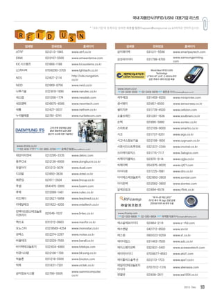 932012. Dec
* ‘대표기업’에 등록하길 원하면 하준철 팀장(hapoem@scmjournal.co.kr)에게로 연락주십시오.
국내 자동인식(RFID/USN) 대표기업 리스트
업체명 전화번호 홈페이지
ATRF 02)2113-1945 www.atrf.co.kr
EMW 02)2107-5500 www.emwantenna.com
KIC시스템즈 02)866-1188 www.kicsystems.co.kr
LG히다찌 070)8290-3700 www.lghitachi.co.kr
NDS 02)827-2114
http://nds.nongshim.
co.kr
NEID 02)969-6756 www.neid.co.kr
나루기술 032)818-1890 www.narutec.co.kr
네스랩 031)206-1774 www.nesslab.com
네오엠텍 02)6675-6585 www.neomtech.com
네톰 02)427-3037 www.nethom.co.kr
누리텔레콤 02)781-0741 www.nuritelecom.com
대양이티엔씨 02)3295-3335 www.detnc.com
동부CNI 02)2136-6000 www.dongbucni.co.kr
듀얼아이 031)213-0074 www.duali.com
디오텔 02)850-3636 www.dotel.co.kr
레몬컵 02)511-2924 www.lmcup.co.kr
루셈 054)470-0900 www.lusem.com
루텍 02)2088-1461 www.rutec.co.kr
리드메디 02)2627-5858 www.leadmedi.co.kr
리테일테크 031)622-4200 www.retailtech.co.kr
린텍어드벤스테크놀로
지코리아
02)548-1537 www.lintec.co.kr
맥스포 031)212-0663 www.maxfor.co.kr
모노스타 032)9589-4254 www.monostar.co.kr
모텍스 02)2274-2257 www.motex.co.kr
바올테크 02)2029-7555 www.barall.co.kr
바이텍테크놀로지 032)834-4860 www.bitekps.com
비경시스템 02)2108-1700 www.bkyung.co.kr
빅솔론 031)218-5500 www.bixolon.com
빅텍 031)631-7301 www.victek.co.kr
삼미정보시스템 02)790-5505
www.sammicomputer.
co.kr
업체명 전화번호 홈페이지
삼미페이텍 031)211-5596 www.smartpaytech.com
삼성피아이티 031)798-8700
www.samsungprinting.
com
세우테크 031)459-8200 www.miniprinter.com
센서웨이 02)957-6500 www.sensorway.co.kr
셀리지온 031)778-4500 www.celizion.com
소울브레인 031)281-1636 www.soulbrain.co.kr
손텍 02)890-5880 www.sontec.co.kr
스마트로 02)2109-9000 www.smartro.co.kr
시고 031)737-6201 www.sigo.co.kr
시그너스정보기술 02)2108-1600 www.cygnusin.co.kr
시앤시인스트루먼트 032)327-3344 www.cncinst.co.kr
쓰리에이로직스 031)715-7117 www.3alogics.com
씨제이지엘에스 02)870-6114 www.cjgls.co.kr
씨제이텍 054)975-8020 www.cjt21.com
아이디로 031)225-7881 www.idro.co.kr
아이에스테크놀로지 032)850-2600 www.sondar.com
아이온텍 02)2082-3800 www.aiontec.com
알에프링크 02)894-6578 www.rflink.co.kr
알에프캠프 02)593-8804
www.rfcamp.com
에스알에프아이디 02)864-2114 www.s-rfid.com
에스엔알 042)712-6500 www.snr.kr
에스원 080)023-8259 www.s1.co.kr
에이디칩스 031)463-7500 www.adc.co.kr
에이스웨이브텍 032)831-0401 www.acewavetech.com
에이티아이디 070)8677-8583 www.atid1.com
에이플러스솔루션 02)2113-1723 www.aps1.co.kr
에일리언테크놀로지
아시아
070)7012-1316 www.alienasia.com
엔젤넷 02)836-2811 www.wa1004.co.kr
고객 만족 무한책임 경영
품질 제일주의 실천 경영
창조적 사고에 의한 기술혁신
www.dmits.co.kr
전화02-818-7777팩스02-865-0156담당자 윤택근팀장(tkyun@form.co.kr)
World Best RFID/USN
Technology
LF부터 HF, UHF, 2.45GHz까지
모든 주파수 대역 라인업 확충
www.ceyon.co.kr
전화 02-3418-3030 팩스 02-3418-5678담당자 황한춘이사(hchwang@ceyon.co.kr)
“택 아니면 택도 없다!”
RFID 특수 택 (tag) 전문 업체
2004년 이후 44개국 수출
www.rfcamp.com
전화 02-593-8808 팩스 02-593-8804 담당자 유재형대표이사company@rfcamp.com)
 