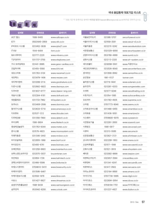972012. Dec
업체명 전화번호 홈페이지
ADT 캡스 1588-6400 www.adtcaps.co.kr
IDTI 0502)845-2959 www.idti.co.kr
IP바코드 시스템 02)3452-3638 www.ipbs21.com
ITXM 1544-6404 itxm.co.kr
MK시큐리티 02)777-2220 www.mksecu.com
TSP코리아 031)737-3700 www.etspkorea.com
가나 프라임테크 02)441-8985 www.gana-cardkey.co.kr
건일하이텍 02)455-5560 www.kiht.net
네오스마트 031)763-3104 www.neosmart.co.kr
네오젝스 02)3478-1406 www.neozex.com
네이쳐이앤씨 02)3288-0114 www.goodnature.co.kr
다온시스템 02)2662-6822 www.daonsys,com
다우비전 031)837-6777 www.dawoo-eng.com
대승시스템 02)2264-6181 www.ds4card.com
대영홈테크 031)733-7962 tnhsystem.co.kr
도어닉스 02)3409-2590 www.doornics.com
동아IT시스템 02)2633-5710 www.amanosys.co.kr
디오큐브 02)537-1212 www.diocube.com
디피테크원 031)356-7864 www.dptech.co.kr
라이크텍 1566-6604 www.liketech.co.kr
명성테크놀로지 031)763-8344 www.mstek.co.kr
문시스템 02)579-4823 www.moonsystem.co.kr
미래자동문 031)346-3442 www.mrdoor.co.kr
바이오알에프 02)2655-1966 www.biorf.co.kr
바이오인식 02)400-6741 www.bioinsec.com
브레인테크 031)258-8903 www.braintechco.com
브루스앤드브라이언 02)2070-3037 brucenbrian.com
비안테크 02)959-1739 www.bahntech.co.kr
코맥스비앤아이코리아 02)466-5588 www.bnikorea.kr
비에스시큐리티 070)8610-5472 www.bssecurity.co.kr
비케이이엔지 031)596-6467
비케이정보시스템 02)558-1879 www.bkso.com
사모스 031)427-9927 www.dmsamos.co.kr
삼성이지온출입보안 1588-8439 www.samsungezon.co.kr
삼주전자 053)942-8200 www.cctvok.com
업체명 전화번호 홈페이지
서울보안카드키 02)386-5707 securityseoul.co.kr
서울아이디시스템 02)558-2591 www.seoul-id.co.kr
서울자동문 02)2215-0242 www.seoulautodoor.com
서한정보통신 032)329-6000 www.securitysystem.co.kr
선영아이디시스템 053)766-4999 www.sunid.co.kr
성현시스템 02)2113-2320 www.sh-system.co.kr
세이프밸리 02)6098-5501 www.지문인식.kr
세인코인터페이스 02)2026-8540 www.secointerface.com
센서라인 031)908-8562 www.sensorline.co.kr
손안정보 1661-0127 isonan.com
솔라윈시스템 02)716-9441 www.solarwin.co.kr
송우전자 02)3281-6333 www.songwooelec.com
수퍼락 02)577-6246 www.seoultrading.co.kr
수호카드키 02)354-1085 www.suhocardkey.co.kr
슈프리마 031)783-4505 www.suprema.co.kr
스마컴 070)7773-9040 www.seens.co.kr
스마트도어시스템 031)486-0455 www.smartdoor.co.kr
스마트원 031)436-9301 www.smartone.kr
시스웨어 070)8600-6070 www.sysware.kr
시연정보기술 02)3281-2650 www.siyeonit.com
시큐로드 1566-0817 www.securoad.com
시큐마 02)313-5595 www.secuma.kr
신관정보통신 02)2621-2121 www.shinkwan.co.kr
신나라시큐리티 032)299-1953 www.snara.co.kr
신성씨큐월드 02)571-1948 www.secuworld.co.kr
신화시스템 02)521-3919 www.shsystem.com
쎄피온 02)2082-8666 www.isepion.com
씨엔에스카드키 032)657-3584 cnscardkey.com
씨큐앤비 031)341-8247 www.secuandb.com
씨큐에이스 02)417-3563 www.secuace.com
아마노코리아 02)2164-9900 www.amano.co.kr
아이디가드 070)7730-5995 www.idgd.co.kr
아이디코스 02)2694-0054 www.idcos.co.kr
아이디패스 070)8194-7701 www.아이디패스.kr
아이비즈코리아 031)237-4927 www.ibizkor.co.kr
* ‘대표기업’에 등록하길 원하면 하준철 팀장(hapoem@scmjournal.co.kr)에게로 연락주십시오.
국내 출입통제 대표기업 리스트
 