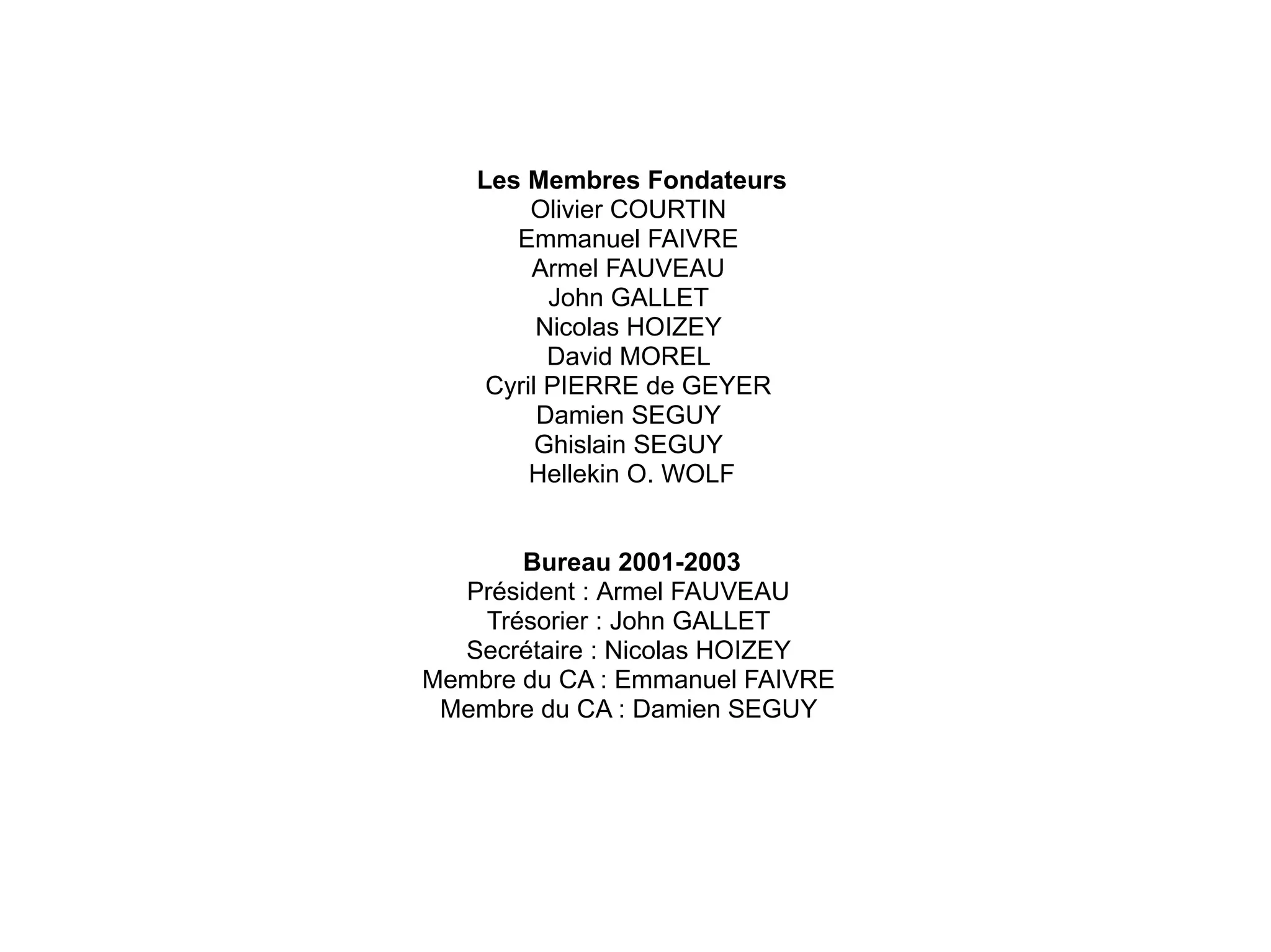 Les Membres Fondateurs
        Olivier COURTIN
      Emmanuel FAIVRE
        Armel FAUVEAU
          John GALLET
         Nicolas HOIZEY
          David MOREL
    Cyril PIERRE de GEYER
         Damien SEGUY
         Ghislain SEGUY
        Hellekin O. WOLF


       Bureau 2001-2003
  Président : Armel FAUVEAU
    Trésorier : John GALLET
  Secrétaire : Nicolas HOIZEY
Membre du CA : Emmanuel FAIVRE
 Membre du CA : Damien SEGUY
 
