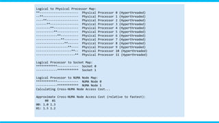 Logical to Physical Processor Map:
**---------------------- Physical    Processor   0 (Hyperthreaded)
--**-------------------- Physical    Processor   1 (Hyperthreaded)
----**------------------ Physical    Processor   2 (Hyperthreaded)
------**---------------- Physical    Processor   3 (Hyperthreaded)
--------**-------------- Physical    Processor   4 (Hyperthreaded)
----------**------------ Physical    Processor   5 (Hyperthreaded)
------------**---------- Physical    Processor   6 (Hyperthreaded)
--------------**-------- Physical    Processor   7 (Hyperthreaded)
----------------**------ Physical    Processor   8 (Hyperthreaded)
------------------**---- Physical    Processor   9 (Hyperthreaded)
--------------------**-- Physical    Processor   10 (Hyperthreaded)
----------------------** Physical    Processor   11 (Hyperthreaded)

Logical Processor to Socket Map:
************------------ Socket 0
------------************ Socket 1

Logical Processor to NUMA Node Map:
************------------ NUMA Node 0
------------************ NUMA Node 1
Calculating Cross-NUMA Node Access Cost...

Approximate Cross-NUMA Node Access Cost (relative to fastest):
     00 01
00: 1.0 1.3
01: 1.5 1.2
 