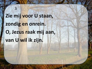3
Zie mij voor U staan,
zondig en onrein.
O, Jezus raak mij aan,
van U wil ik zijn.
 