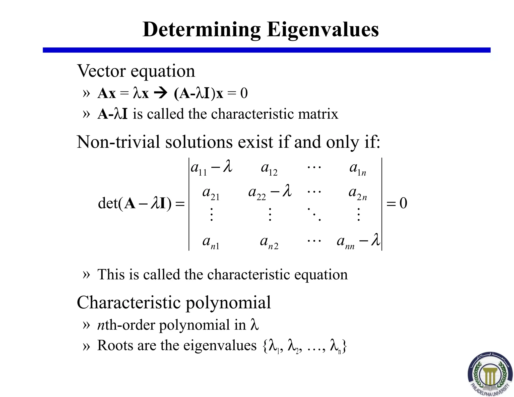 Determining Eigenvalues
Vector equation
» Ax = λx  (A-λΙ)x = 0
» A-λΙ is called the characteristic matrix
Non-trivial solutions exist if and only if:
» This is called the characteristic equation
Characteristic polynomial
» nth-order polynomial in λ
» Roots are the eigenvalues {λ1, λ2, …, λn}
0)det(
21
22221
11211
=
−
−
−
=−
λ
λ
λ
λ
nnnn
n
n
aaa
aaa
aaa




IA
 