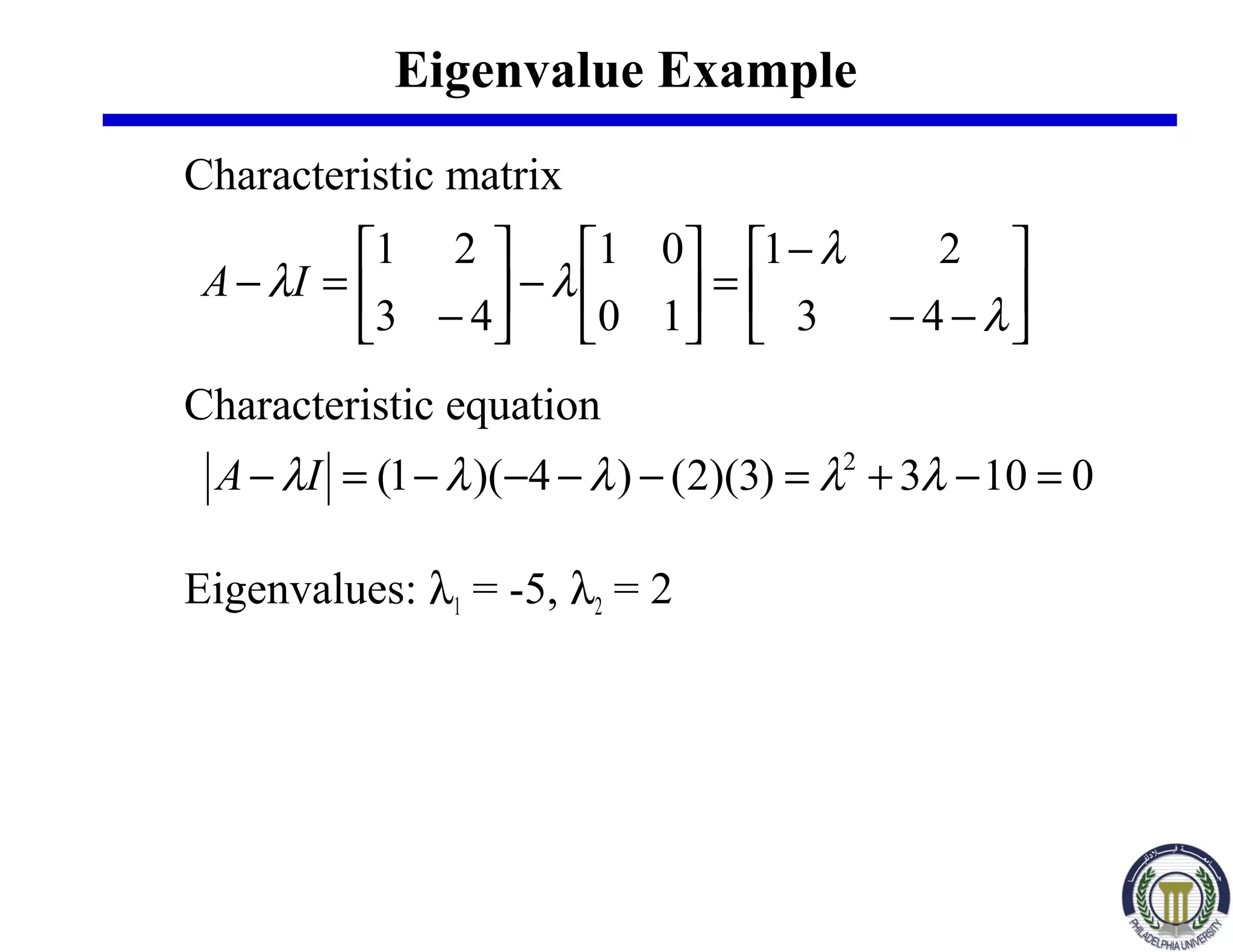Eigenvalue Example
Characteristic matrix
Characteristic equation
Eigenvalues: λ1 = -5, λ2 = 2






−−
−
=





−





−
=−
λ
λ
λλ
43
21
10
01
43
21
IA
0103)3)(2()4)(1( 2
=−+=−−−−=− λλλλλIA
 