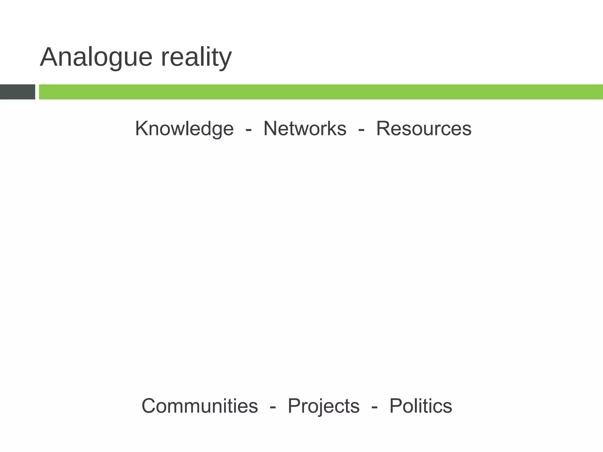 Analogue reality

       Knowledge - Networks - Resources




        Communities - Projects - Politics
 