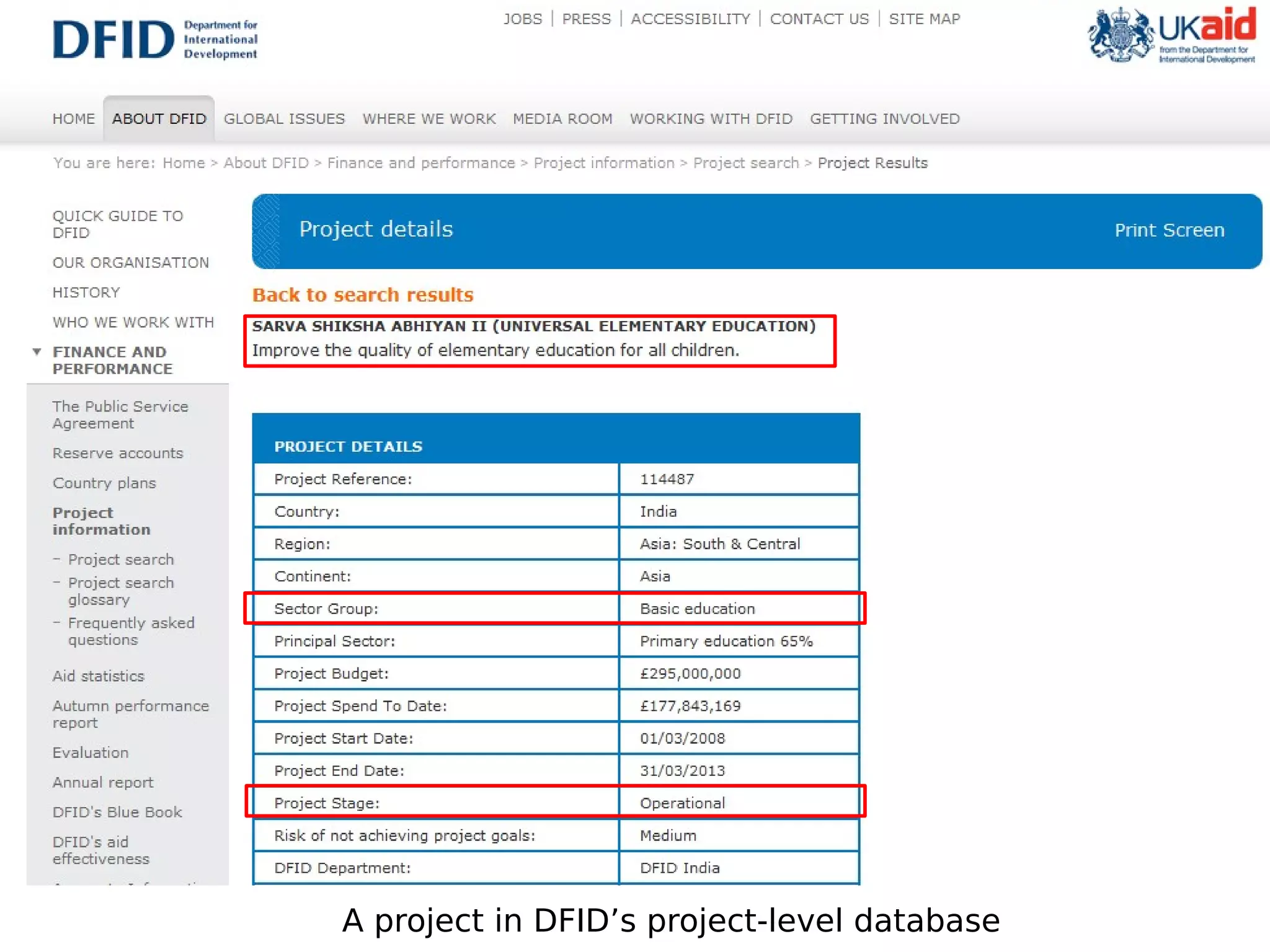A project in DFID’s project-level database
 