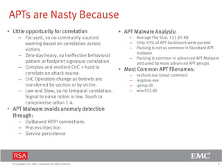 9© Copyright 2011 EMC Corporation. All rights reserved.
APTs are Nasty Because
• Little opportunity for correlation
– Focused, so no community sourced
warning based on correlation across
victims
– Zero-day heavy, so ineffective behavioral
pattern or footprint signature correlation
– Complex and resilient CnC -> hard to
correlate on attack source
– CnC Operators change as botnets are
transferred by section or by victim.
– Low and Slow, so no temporal correlation.
Signal to noise ration is low. Touch to
compromise ration 1.4.
• APT Malware avoids anomaly detection
through:
– Outbound HTTP connections
– Process injection
– Service persistence
• APT Malware Analysis:
– Average File Size: 121.85 KB
– Only 10% of APT backdoors were packed
– Packing is not as common in Standard APT
malware
– Packing is common in advanced APT Malware
and used by more advanced APT groups
• Most Common APT Filenames:
– svchost.exe (most common)
– iexplore.exe
– iprinp.dll
– winzf32.dll
 