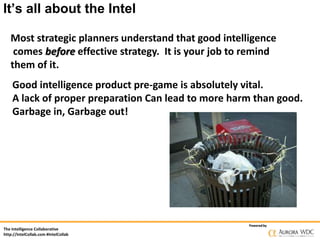 It’s all about the Intel
Most strategic planners understand that good intelligence
comes before effective strategy. It is your job to remind
them of it.
Good intelligence product pre-game is absolutely vital.
A lack of proper preparation Can lead to more harm than good.
Garbage in, Garbage out!

The Intelligence Collaborative
http://IntelCollab.com #IntelCollab

Powered by

 