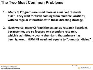 The Two Most Common Problems
1. Many CI Programs are used more as a market research
asset. They wait for tasks coming from multiple locations,
with no regular interaction with those directing strategy.
2. Even worse, many CI Practitioners act as research librarians,
because they are so focused on secondary research,
which is admittedly overly abundant, that primary has
been ignored. HUMINT need not equate to “dumpster diving”.

The Intelligence Collaborative
http://IntelCollab.com #IntelCollab

Powered by

 