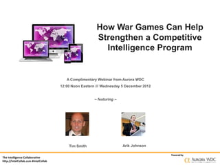How War Games Can Help
Strengthen a Competitive
Intelligence Program

A Complimentary Webinar from Aurora WDC
12:00 Noon Eastern /// Wednesday 5 December 2012

~ featuring ~

Tim Smith
The Intelligence Collaborative
http://IntelCollab.com #IntelCollab

Arik Johnson
Powered by

 
