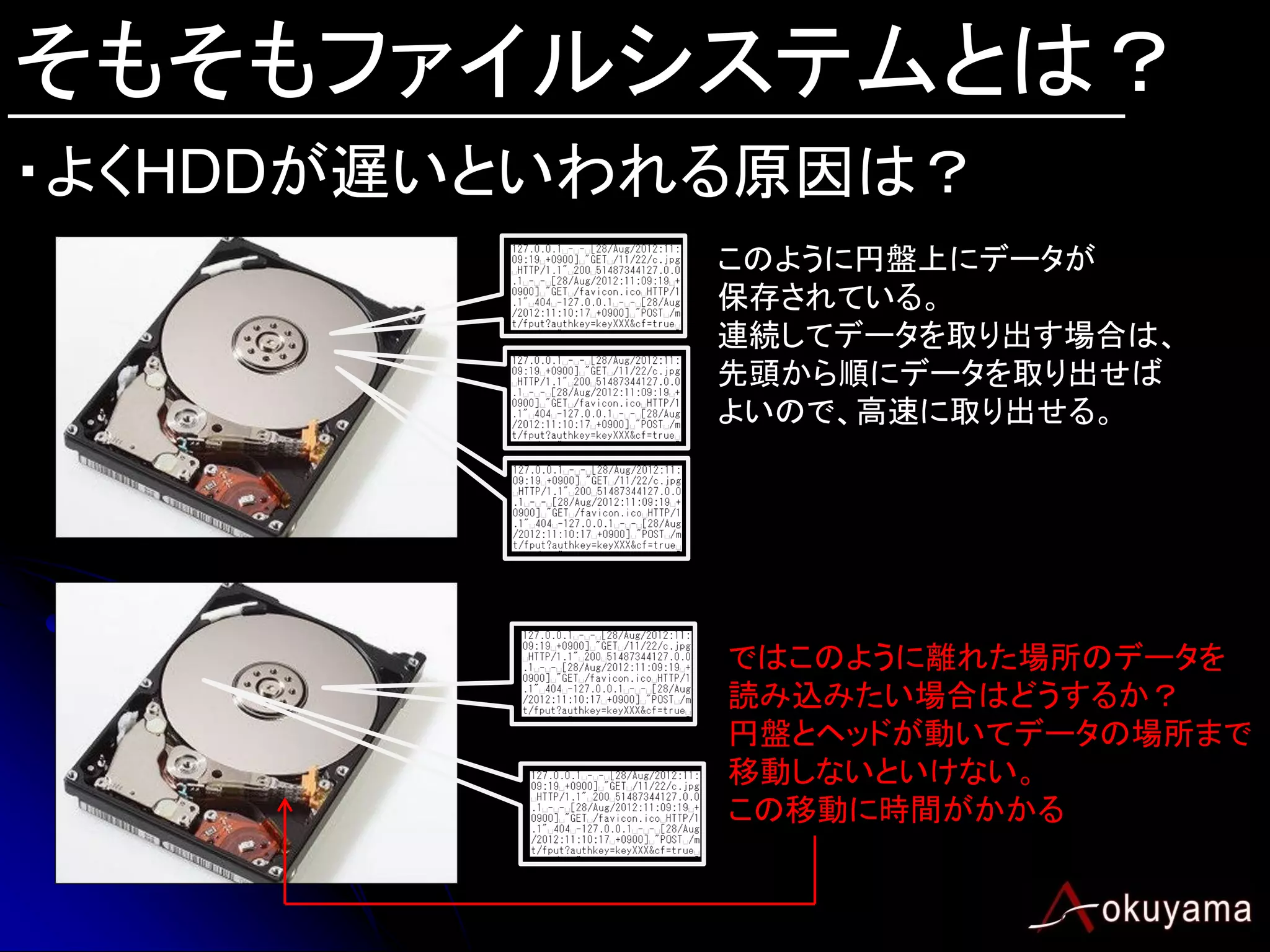 そもそもファイルシステムとは？
・よくHDDが遅いといわれる原因は？
             このように円盤上にデータが
             保存されている。
             連続してデータを取り出す場合は、
             先頭から順にデータを取り出せば
             よいので、高速に取り出せる。




             ではこのように離れた場所のデータを
             読み込みたい場合はどうするか？
             円盤とヘッドが動いてデータの場所まで
             移動しないといけない。
             この移動に時間がかかる
 