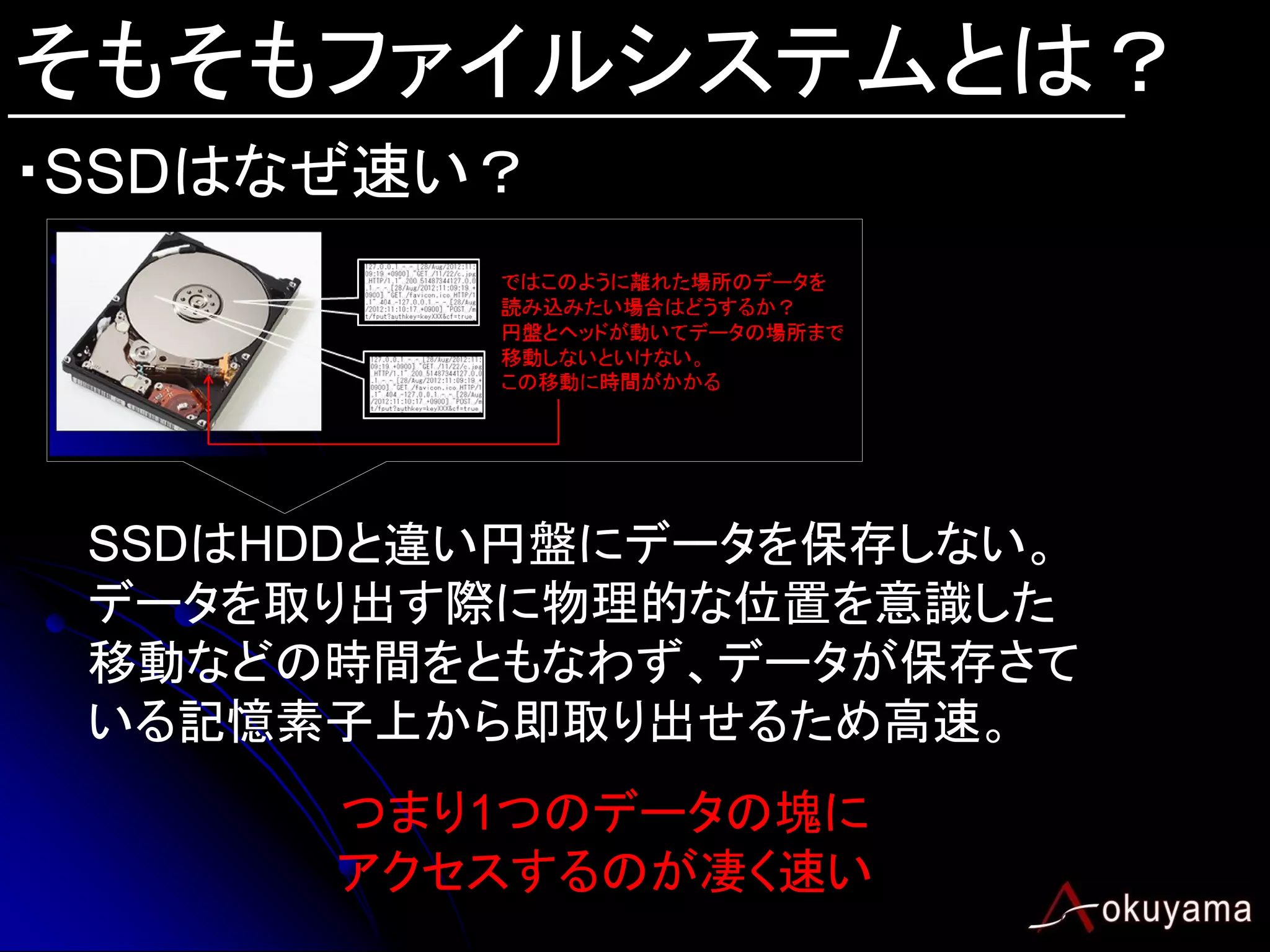 そもそもファイルシステムとは？
・SSDはなぜ速い？




 SSDはHDDと違い円盤にデータを保存しない。
 データを取り出す際に物理的な位置を意識した
 移動などの時間をともなわず、データが保存さて
 いる記憶素子上から即取り出せるため高速。
      つまり1つのデータの塊に
      アクセスするのが凄く速い
 