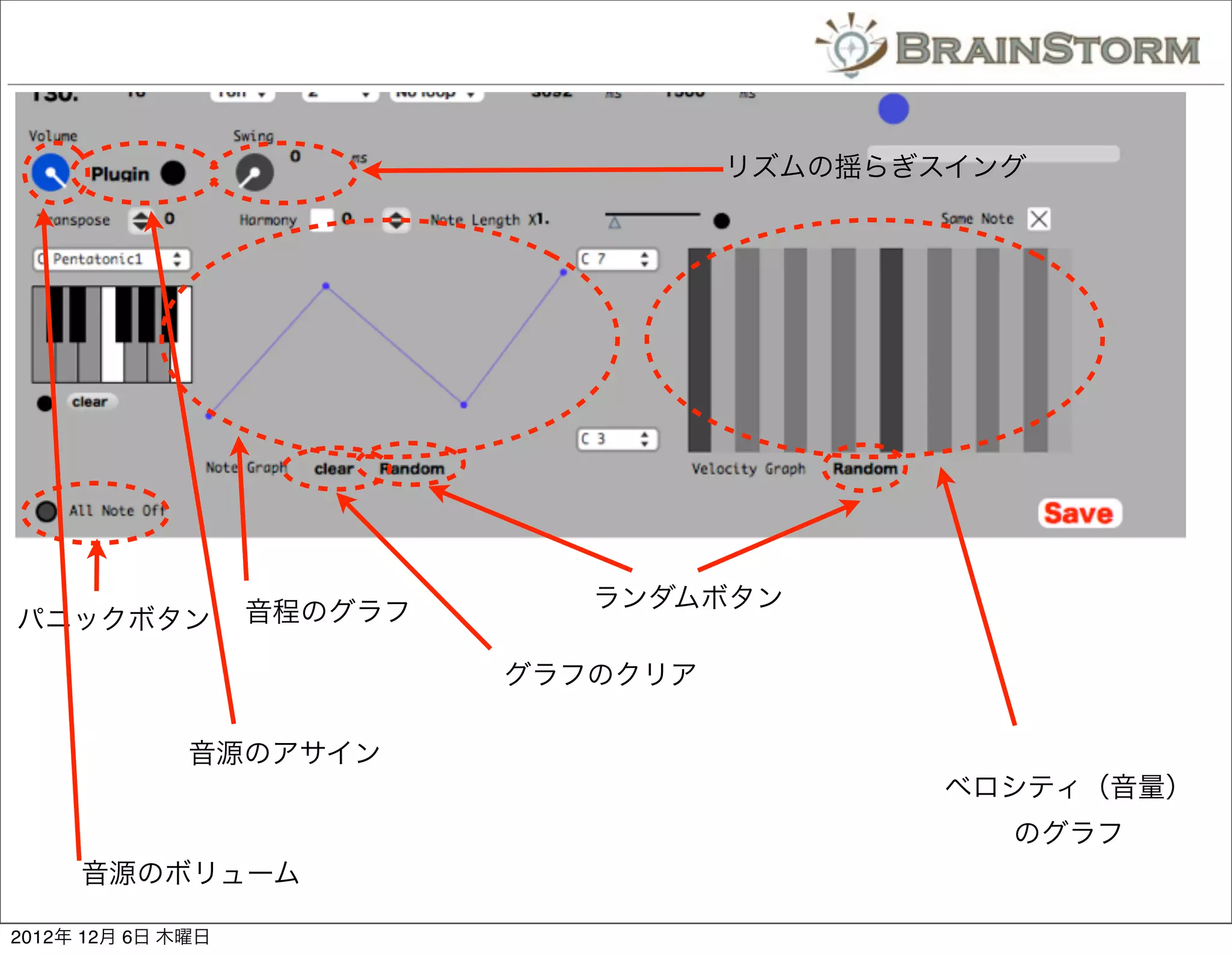 リズムの揺らぎスイング




                               ランダムボタン
パニックボタン            音程のグラフ

                            グラフのクリア

              音源のアサイン
                                              ベロシティ（音量）
                                                のグラフ
     音源のボリューム

2012年 12月 6日 木曜日
 