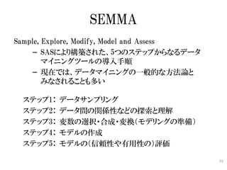 SEMMA
Sample, Explore, Modify, Model and Assess
    − SASにより構築された、5つのステップからなるデータ
        マイニングツールの導入手順
    − 現在では、データマイニング...